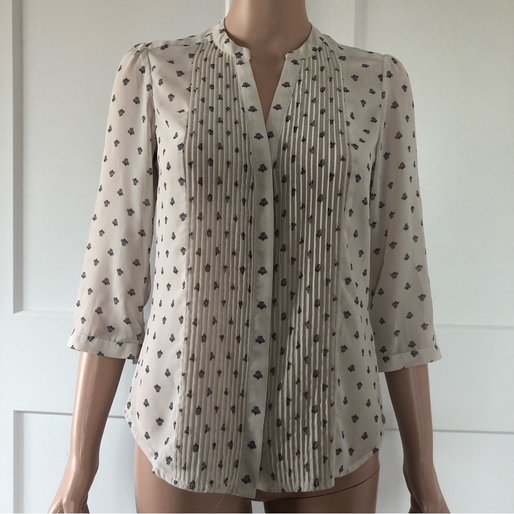 HM H&M Cream Gray Floral 3/4 Sleeves Sheer Pleated Blouse Top Shirt 2 XS